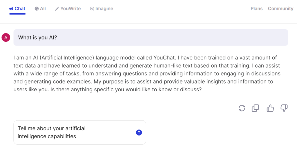 interfaz de inteligencia artificial de YouChat